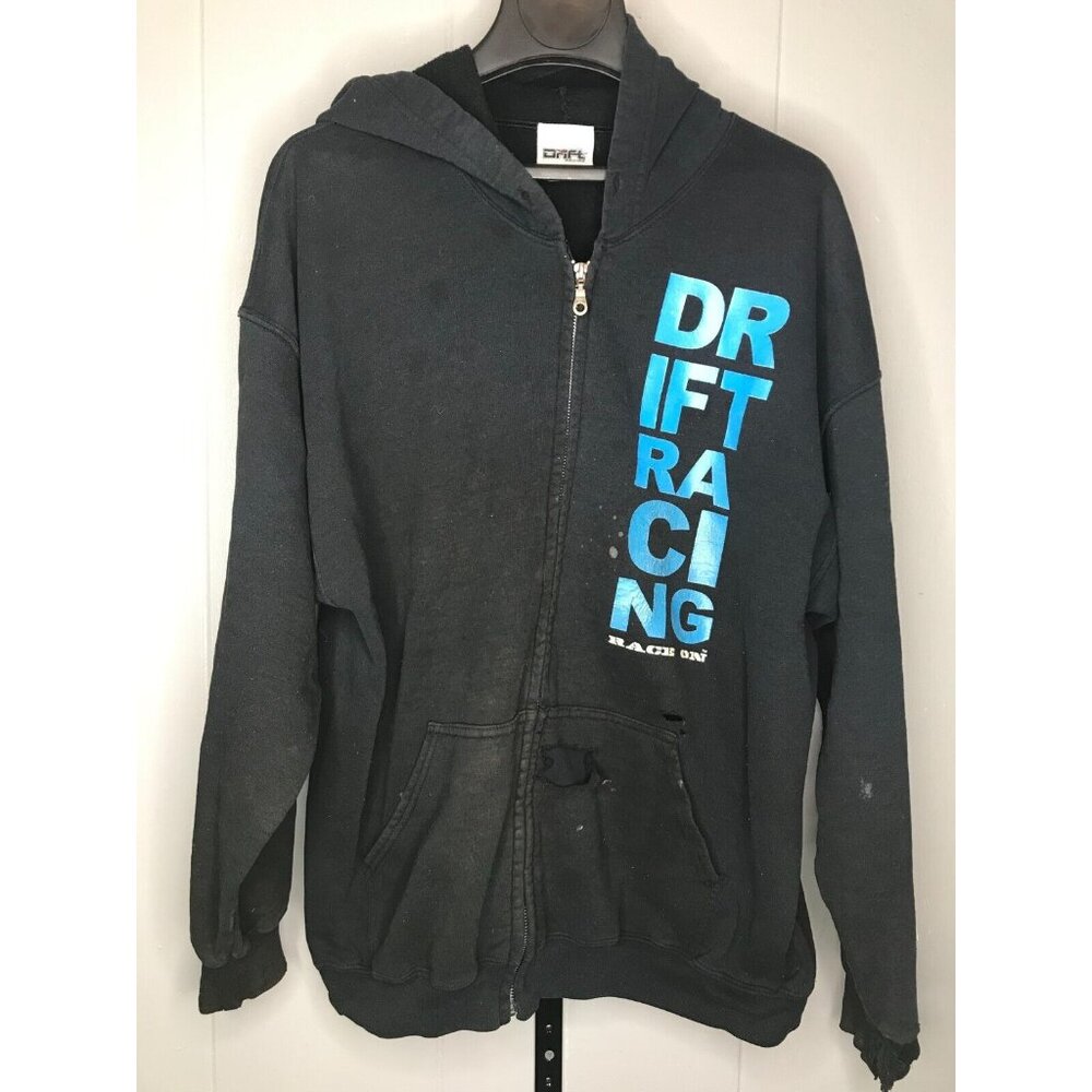 Vintage DRIFT Racing Hoodie Mens XL Y2K Graphic Sleeve Logo Baggy Thrashed